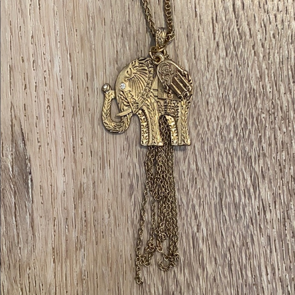 Elephant Hamsa Long Gold Necklace